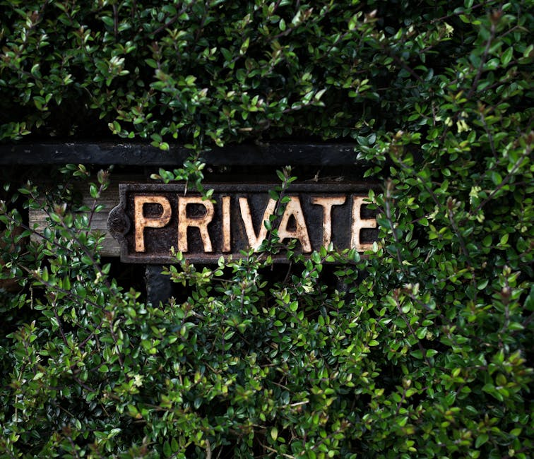 A rustic, weathered wooden sign with raised, metallic letters spelling 'PRIVATE' is partially obscured by dense, vibrant green foliage. The leaves are small, glossy, and oval-shaped, covering much of